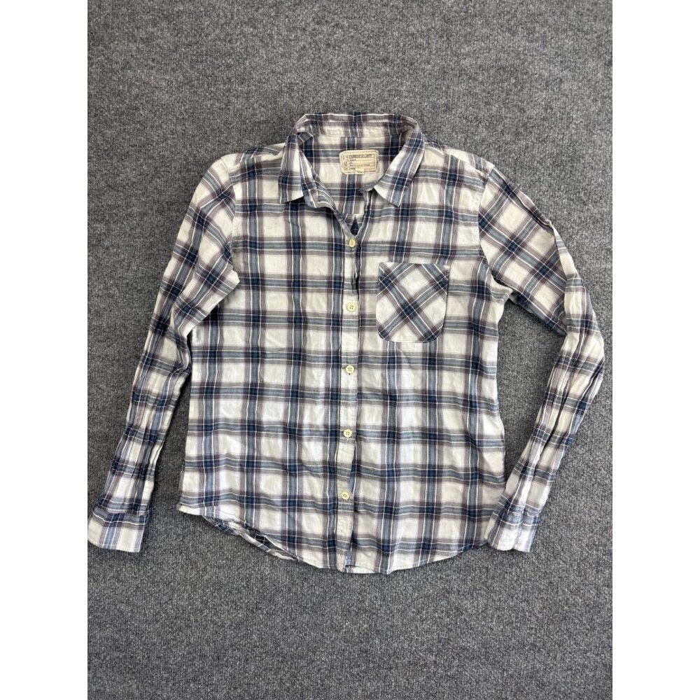 Current/Elliott Button Up Shirt Women's‎ 0 Blue White Plaid Long Sleeve Pocket